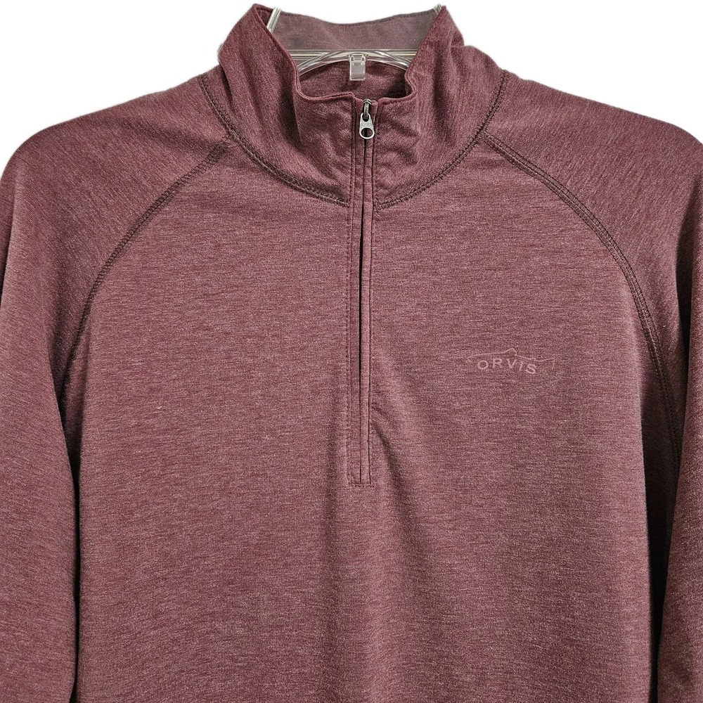 Orvis Pullover Mens M Burgundy Trout Bum Quarter Zip Mock Neck Heathered Stretch